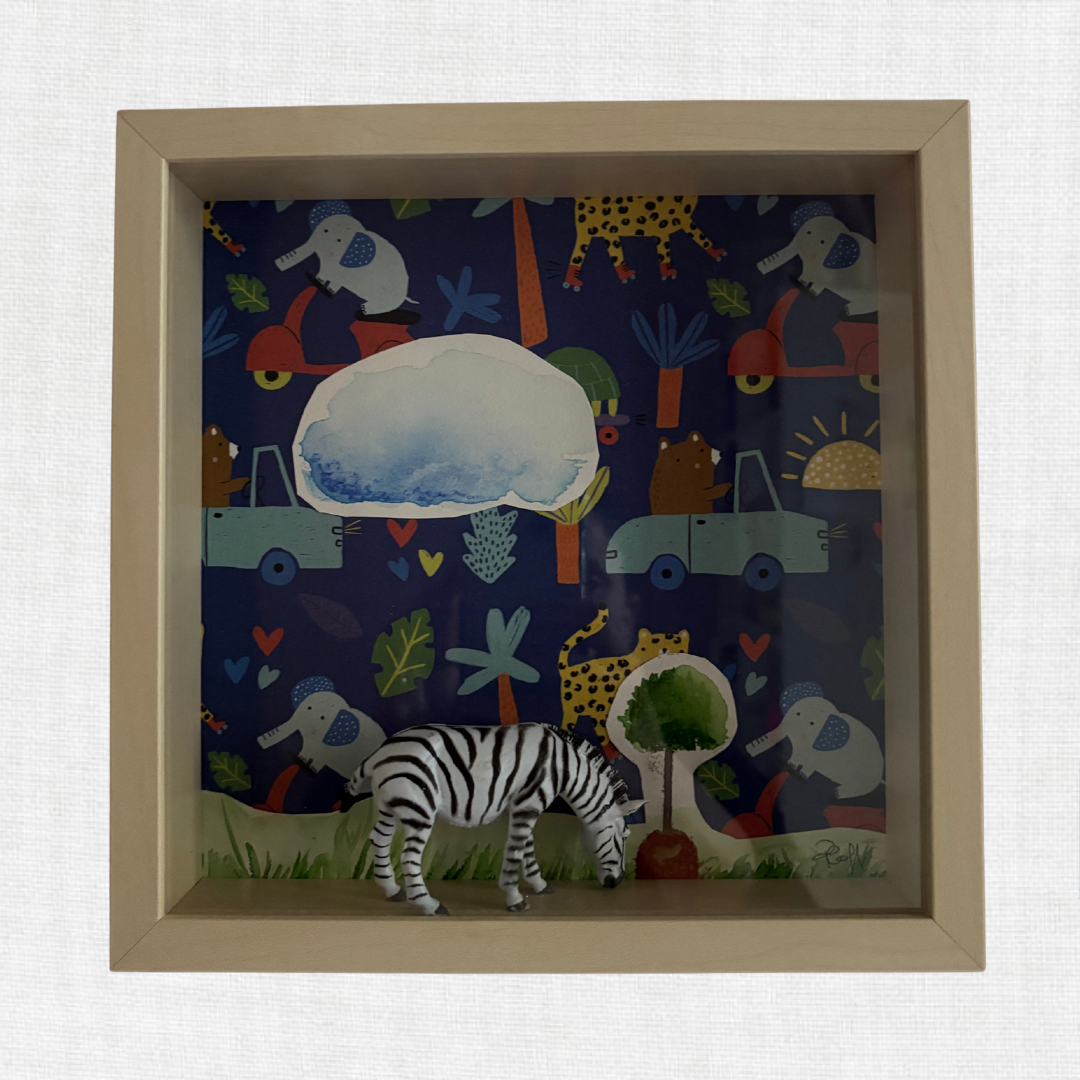 Quadretto Safari Zebra 3D Bambini - Shadow Box Giungla Colorata - PLAFF Regalo Nascita - Arte Tessile Cameretta