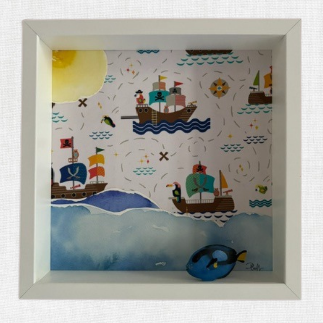 Quadretto Cameretta Bambini Mare 3D - Navi Pirati Regalo Nascita - PLAFF Arte Tessile Shadow Box - Decorazione Parete Neonato